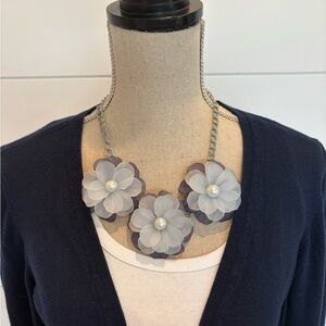 Chunky Navy and Light Blue Floral Necklace with Silver Chain
